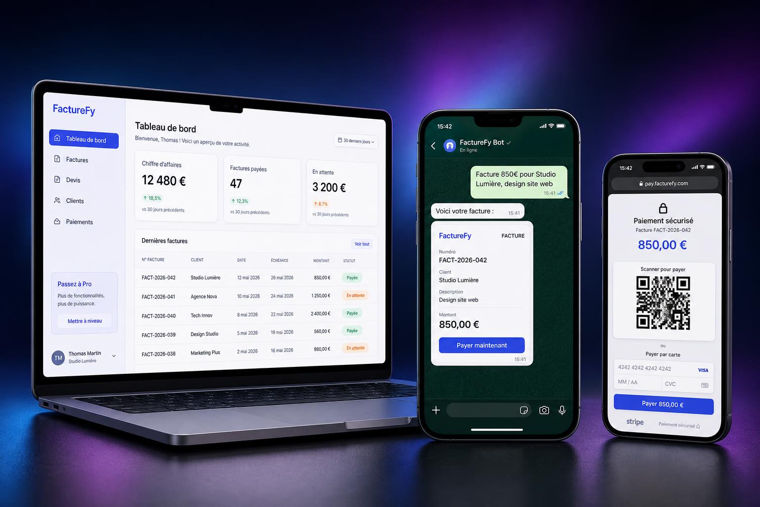 FactureFy : Dashboard Web, conversation WhatsApp et paiement Stripe avec QR code